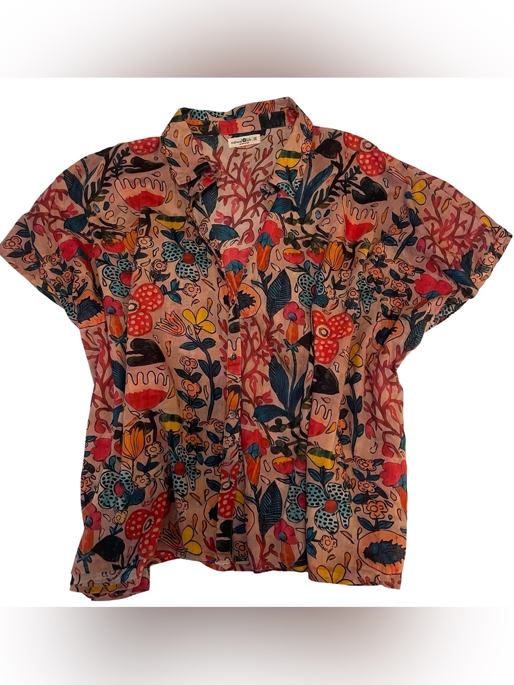 NATURAL LIFE Peach Floral Button-Front Shirt with Multicolor Print